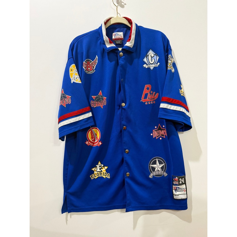 Raw Blue Jersey Mens Large Blue Excellent Multi-City Patch Mesh Button Up Shirt